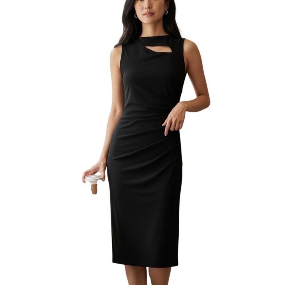 DKNYC Asymmetrical Cutout Ruched Midi Sheath Dress Sleeveless Medium Bodycon